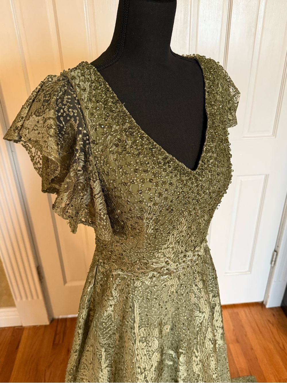 Mac Duggal Olive Green Embellished V-Neck Maxi Dress (HEMMED)